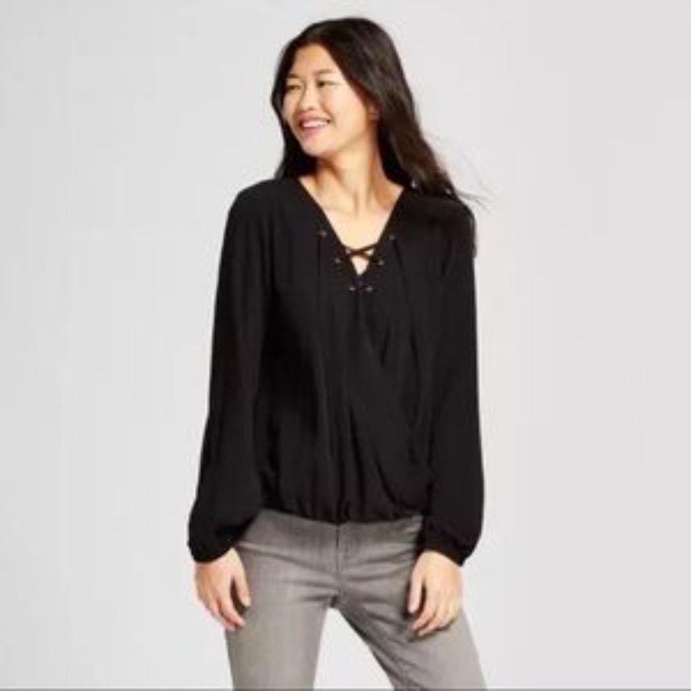 Mossimo Lace Up Wrap Front Long Sleeve Top - Picture 3 of 5